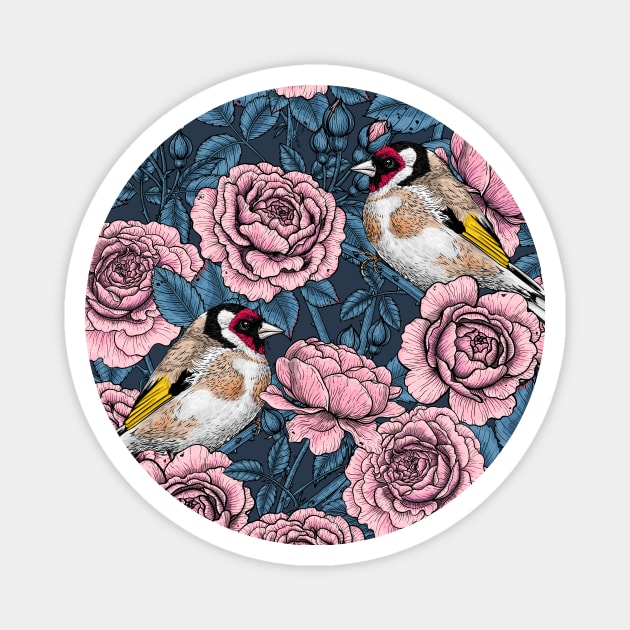Pink Rose flowers and goldfinch birds Magnet by katerinamk